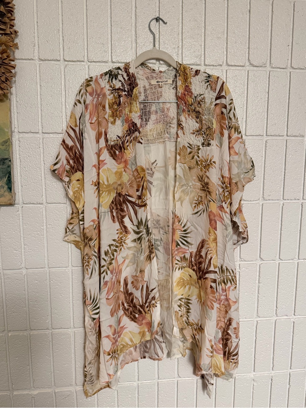 Rip Curl Floral Smocked Kimono Top in Cream, Pink, Brown